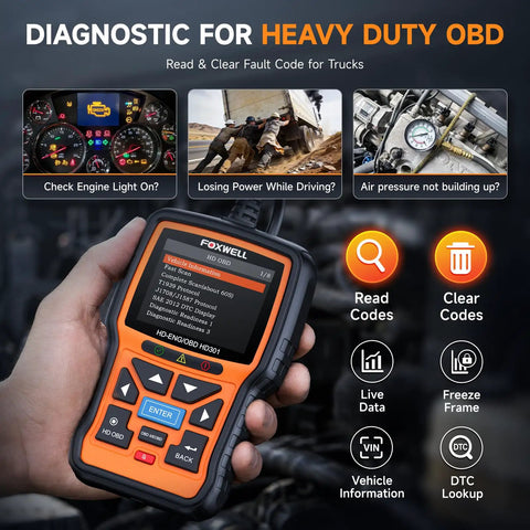 Hand holding Heavy Duty Truck Scanner With 6 9 16 Pin Adapters, 2 In 1 Diesel Diagnostic Tool For Cummins Paccar Caterpillar display screen.