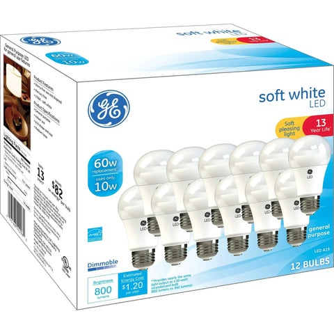 Box of 12 Pack 10W LED Bulbs 60W Equivalent A19 Soft White 2700K Dimmable 800 Lumens Medium E26 Base