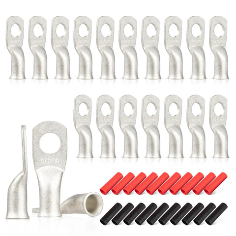 Marine Grade Wire Lugs Set 20 Pcs 6 AWG Five Sixteenth Inch Tinned Copper Ring Terminals With Three To One Dual Wall Adhesive Heat Shrink Tubing Built Tough Heavy Duty Anti Rust Battery Cable Ends Red And Black