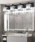 Black Bathroom Vanity Light Fixture With Crystal Accents above a large bathroom mirror, sleek modern 4-light wall sconce design.