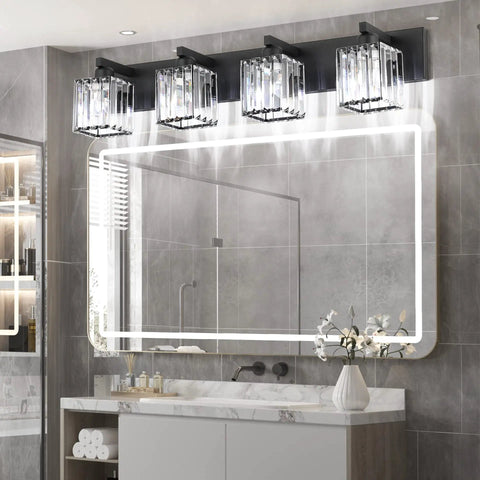 Black Bathroom Vanity Light Fixture With Crystal Accents above a large bathroom mirror, sleek modern 4-light wall sconce design.