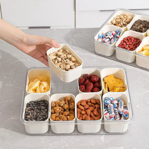 Two Pack Divided Snack Box With Clear Lid And Handles Portable Charcuterie Tray for parties and picnics filled with assorted snacks