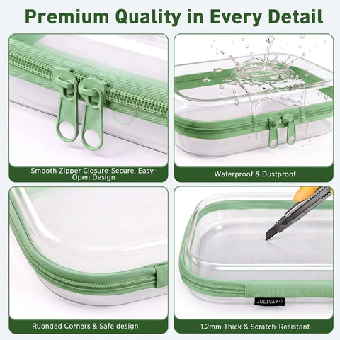 Clear Hard Shell Zipper Case And Mini Pouch Set To Keep Your Daily Stash Organized With Tough Rigid Construction And Slick Stackable Design For Hassle Free Travel Packing And Easy Access Without Ever Messing Up Bags featuring clear case with smooth zipper and rounded corners.