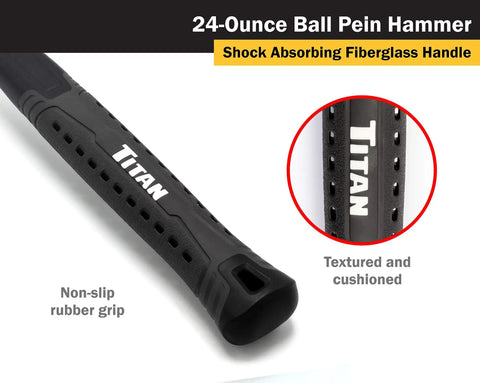 Close-up of the shock-absorbing fiberglass handle with textured rubber grip on 24 Oz Ball Peen Hammer With Forged Steel Head