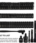 Impact Socket Set Three Eighths Inch Drive 67 Piece Master Kit with shallow and deep sockets, ratchet, swivel sockets, extension bars, adapters, Cr V and Cr Mo