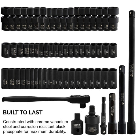 Impact Socket Set Three Eighths Inch Drive 67 Piece Master Kit with shallow and deep sockets, ratchet, swivel sockets, extension bars, adapters, Cr V and Cr Mo