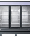 Heavy Hitter Commercial Merchandiser Freezer With Three Self Closing Glass Doors and Bulletproof Adjustable Shelving, front view