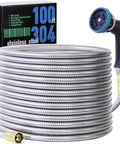 Stainless Steel Garden Hose 100ft With Ten-Mode Spray Nozzle No-Kink Lightweight Puncture-Resistant