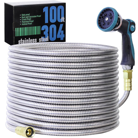 Stainless Steel Garden Hose 100ft With Ten-Mode Spray Nozzle No-Kink Lightweight Puncture-Resistant