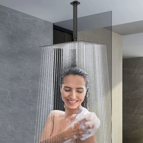 Square Ceiling Mount Rain Shower Head 16 Inch Matte Black With Shower Arm Stainless Steel Waterfall Showerhead in use