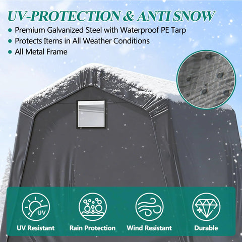 8 By 8 Outdoor Storage Shelter Shed Heavy Duty Tent with Roll Up Ventilated Windows and Weatherproof Gray Fabric