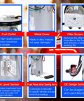 Details of Direct Fit Electric Fuel Pump Assembly with Sending Unit for 1999-2004 Jeep Grand Cherokee, showing components and design features.