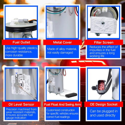 Details of Direct Fit Electric Fuel Pump Assembly with Sending Unit for 1999-2004 Jeep Grand Cherokee, showing components and design features.