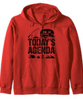 RV Camping Gifts For Adventurers Zip Hoodie in red with "Today's Agenda" print, ideal for campers and outdoor enthusiasts.