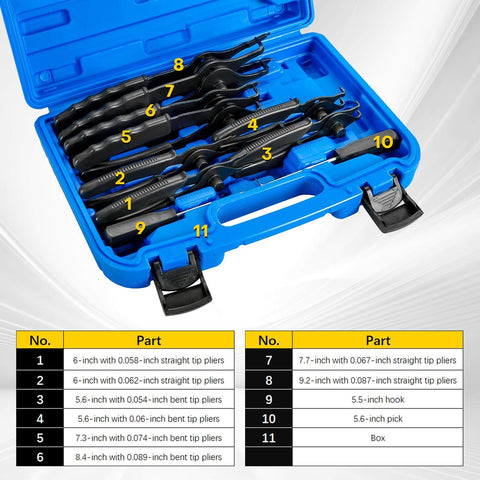 11-Piece Snap Ring Pliers Set For Automotive, Motorcycle, And Lawn Equipment - Internal And External Circlip Removal Tools With Bent And Straight Pliers, Hook And Pick, Plus Durable Storage Case