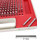 Pin Gage Set With Storage Case In Bearing Steel For Measuring Holes, 190 Pieces Ranging 0.061 To 0.250 Inches, Pro Grade High Precision 0.0002 Inch Tolerance, Each Gauge Two Inches Long, red case with 2-inch steel gauges