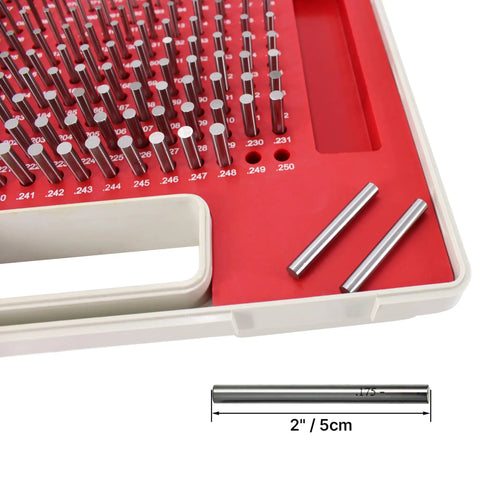 Pin Gage Set With Storage Case In Bearing Steel For Measuring Holes, 190 Pieces Ranging 0.061 To 0.250 Inches, Pro Grade High Precision 0.0002 Inch Tolerance, Each Gauge Two Inches Long, red case with 2-inch steel gauges