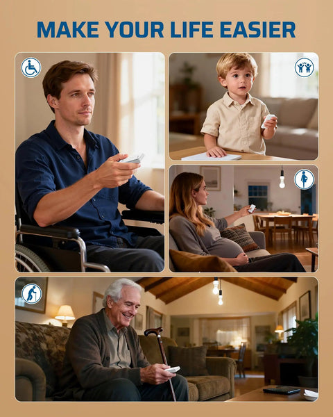 People using a remote control light socket with wireless switch, no wiring needed, easy wall mount, suitable for various lifestyles.