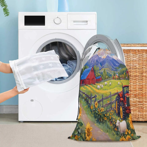 Big 24x36 Inch Drawstring Laundry Bag With Removable Mesh Wash Bag Dual Bag Set in front of washing machine with countryside design