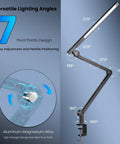 Clamp On Desk Lamp With Eye Care, Swing Arm And Stepless Dimming, Adjustable Color Temperature 3000K To 5500K, Memory And Timing, 5 Brightness Levels, Perfect For Study, Work, And Home Office Hustle, 12W showing swing arm angle flexibility with 7 pivot points and magnesium alloy build.