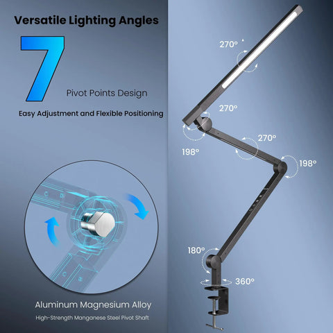 Clamp On Desk Lamp With Eye Care, Swing Arm And Stepless Dimming, Adjustable Color Temperature 3000K To 5500K, Memory And Timing, 5 Brightness Levels, Perfect For Study, Work, And Home Office Hustle, 12W showing swing arm angle flexibility with 7 pivot points and magnesium alloy build.