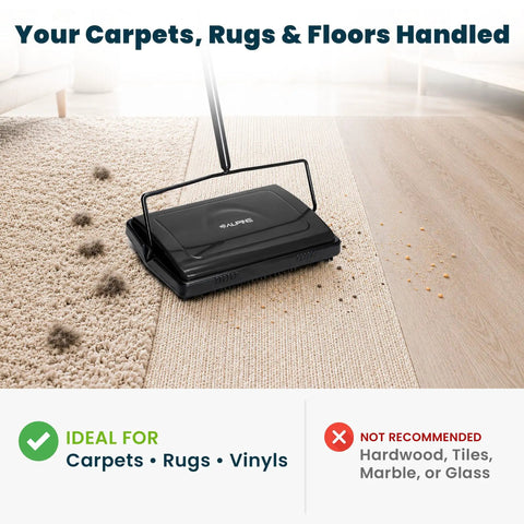 Grab And Go No Sweat Manual Sweeper For Carpets Hardwood And Rugs Triple Brush on carpet, picking up pet hair and crumbs.