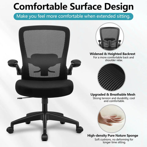 All Day Comfort Ergonomic Office Chair With Breathable Mesh, Adjustable High Back, Lumbar Support, Flip Up Armrests