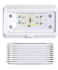 Rugged 12V LED RV Exterior Porch Light With Switch, 300 Lumen Ultra Bright Fixture, white housing, clear lens view