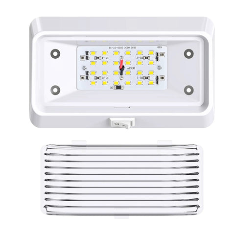 Rugged 12V LED RV Exterior Porch Light With Switch, 300 Lumen Ultra Bright Fixture, white housing, clear lens view