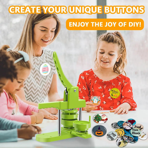 Ultimate Button Maker Machine Kit With Adjustable 2 Inch And 1.25 Inch Dies for DIY crafts being used by kids and adults to create buttons.