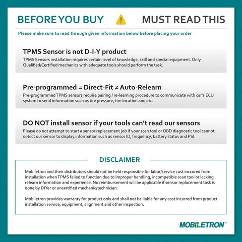 Signature Series 315MHz TPMS Tire Pressure Sensor 4 Pack Preprogrammed Relearn Ready Clamp In for Honda Pilot, MDX, RDX, TSX and Other Compatible Rides with Easy Install and Reliable Monitoring caution label