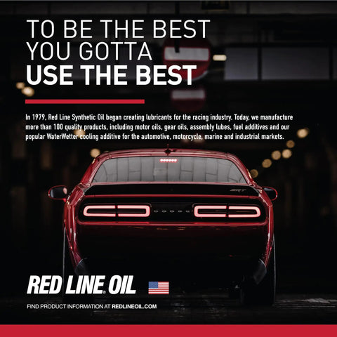 Rear view of a red sports car with a slogan for Red Line Oil in a dimly lit garage, emphasizing premium lubricants.