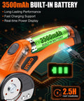 800 RPM Brushless Cordless Cardboard Cutter For Fast, Smooth Box Cutting, Beast Mode Pro Grade Tool With 3500mAh Battery, Powers Through Cardboard, Cartons, Plastic, Leather, Carpet, And More. 3500mAh built-in battery and USB charging display