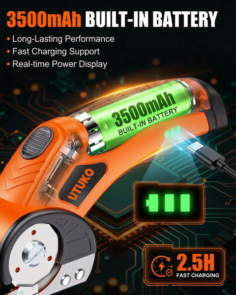 800 RPM Brushless Cordless Cardboard Cutter For Fast, Smooth Box Cutting, Beast Mode Pro Grade Tool With 3500mAh Battery, Powers Through Cardboard, Cartons, Plastic, Leather, Carpet, And More. 3500mAh built-in battery and USB charging display