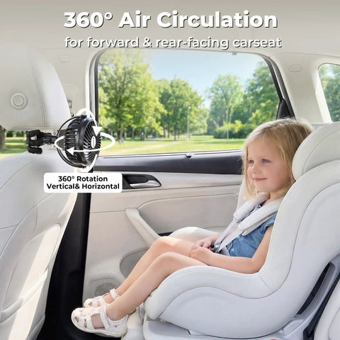 Rechargeable Battery Operated Stroller Fan Clip On for Baby in car seat providing 360 degree air circulation, child in back seat smiling