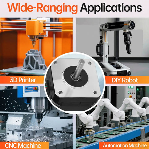 Wide-ranging applications of Nema 17 Stepper Motor 2 Phase 1.8 Degree 0.16 Nm High Torque Bipolar with 4 wire cable for 3D printers and CNC.