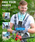 AI Portable Waist Clip Fan With 10000mAh Battery,LED Indicator, Hands Free Wearable Cooling Fan in use while outdoor pruning