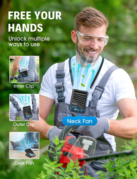 AI Portable Waist Clip Fan With 10000mAh Battery,LED Indicator, Hands Free Wearable Cooling Fan in use while outdoor pruning