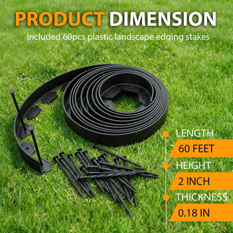 Durable 60 Foot Landscape Edging Kit With 60 Stakes 2 Inch Tall Border for Lawn and Flower Beds Quick No Dig Install Easy Setup