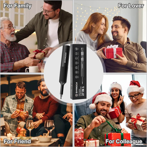 Pen Style Magnetic Precision Screwdriver Set With 27 In 1 Mini Bits, 12 Double End Bits Stored In Handle shown in gift-giving scenarios