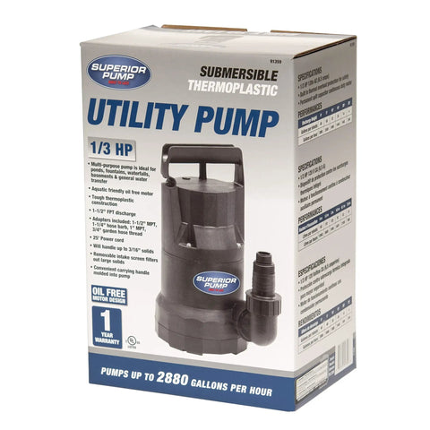 Oil Free 1/3 HP Utility Pump With High Flow Up To 2880 GPH, Pumps Water Up To 25 Feet, Handles Solids Up To 3/16 Inch on packaging