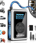 Portable Tire Inflator Air Compressor 150 PSI Cordless Pump with Gauge and LED Light 5X Faster Inflation for Car Motorcycle Bike and Balls Auto Accessories displayed with accessories.