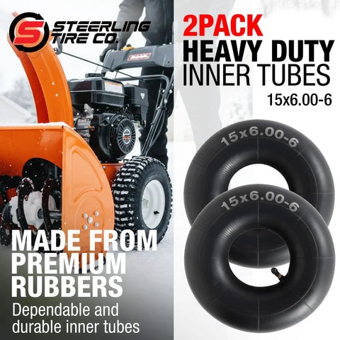 Heavy Duty 15x6.00-6 Inner Tubes 2 Pack with TR-13 Valve for mowers and more, shown with an orange snow blower