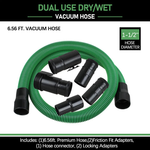 Green 6.56 ft replacement vacuum hose kit with fittings, dual flex for wet dry use, 1.5-inch diameter