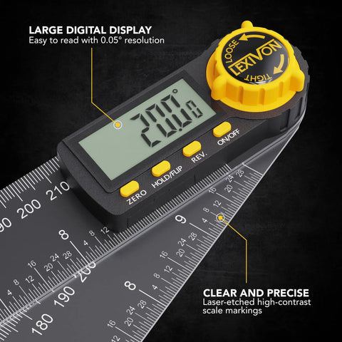 Built Tough Aluminum Digital Angle Finder And Precision Protractor Gauge features large LCD display for precise readings.