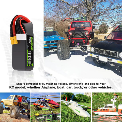 Beefy 14.8V 100C 5500mAh 4S LiPo Battery With XT30 Plug for RC cars, drones, and planes displayed with RC vehicles.