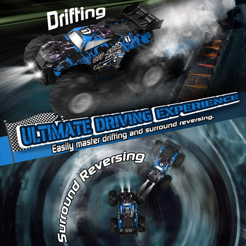 All Terrain Remote Control Car For Kids And Beginners 1:20 Scale Dual Motor RC Truck With LED Lights 2.4GHz Radio 10 KMH Speed Sturdy Off Road Vehicle For Christmas Gift And Outdoor Fun showing drifting and reversing capabilities