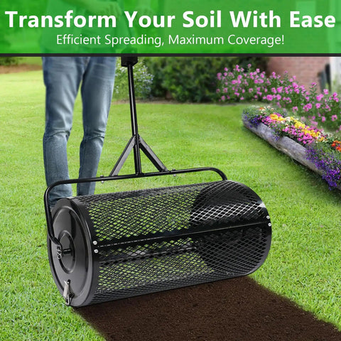 Easy Push And Tow Compost And Peat Moss Spreader 36 Inch For Lawn Care Mulch Manure Seed Top Dressing With Powder Coated Metal Mesh Roller