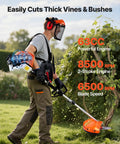 Man using Gas Hedge Trimmer Combo With 63cc 2 Cycle Engine Five In One Multi Tool For Hedge Trimming String Trimming Brush Cutting Pole Saw Edging And Protective Gear Set Included Includes 3T And 40T Blades For Yard Work in a garden