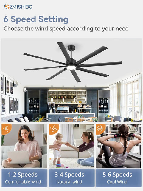 Living room with 84 Inch Industrial Ceiling Fan With Lights, 6 speed settings, black 8 aluminum blades, patio and indoor use.